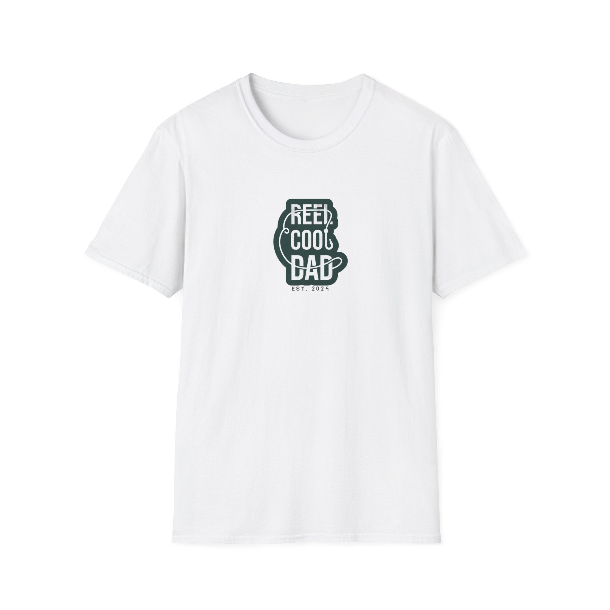 White crewneck graphic T-shirt with green 'REEL COOL DAD' logo, EST 2024