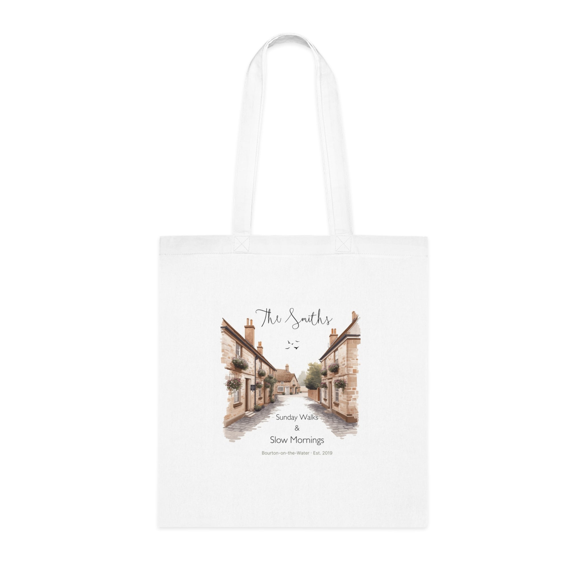 Personalised Village Scene Cotton Tote — 'Sunday Walks, Slow Mornings' Custom Tote Bag