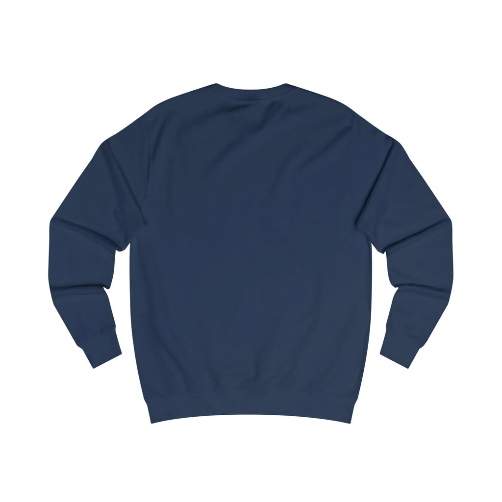 Navy crewneck sweatshirt, back view with long sleeves and ribbed hem