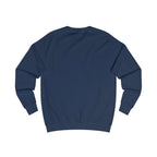 Navy crewneck sweatshirt, back view with long sleeves and ribbed hem