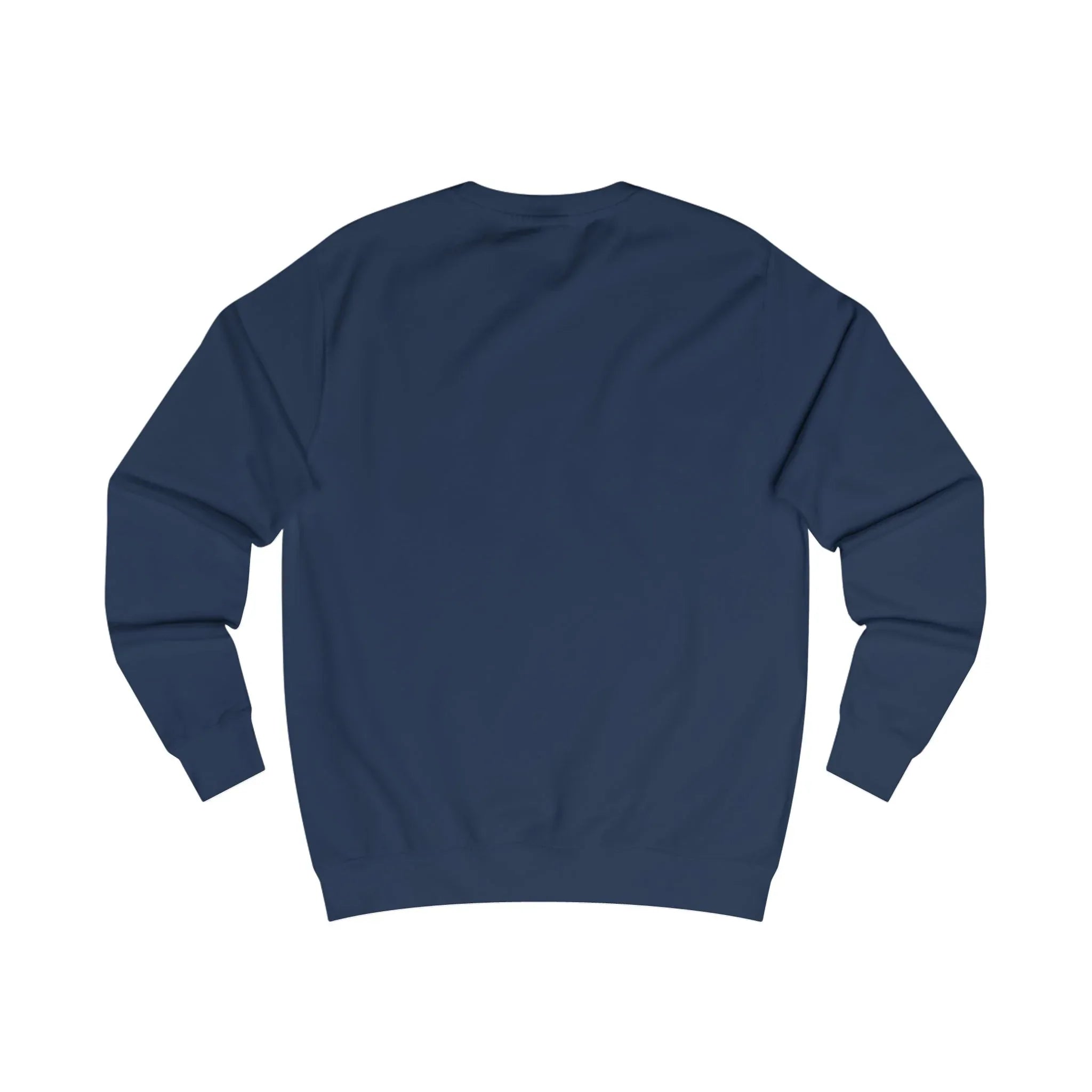 Navy crewneck sweatshirt, back view with long sleeves and ribbed hem