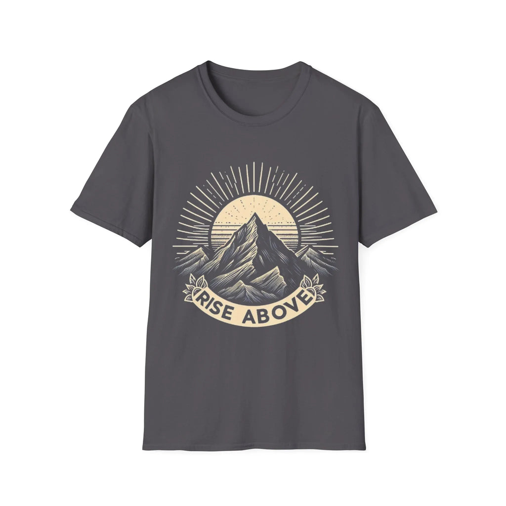 Dark gray short-sleeve T-shirt with mountain sunrise “RISE ABOVE” graphic