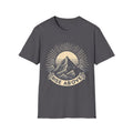 Dark gray short-sleeve T-shirt with mountain sunrise “RISE ABOVE” graphic