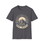 Dark gray short-sleeve T-shirt with mountain sunrise “RISE ABOVE” graphic