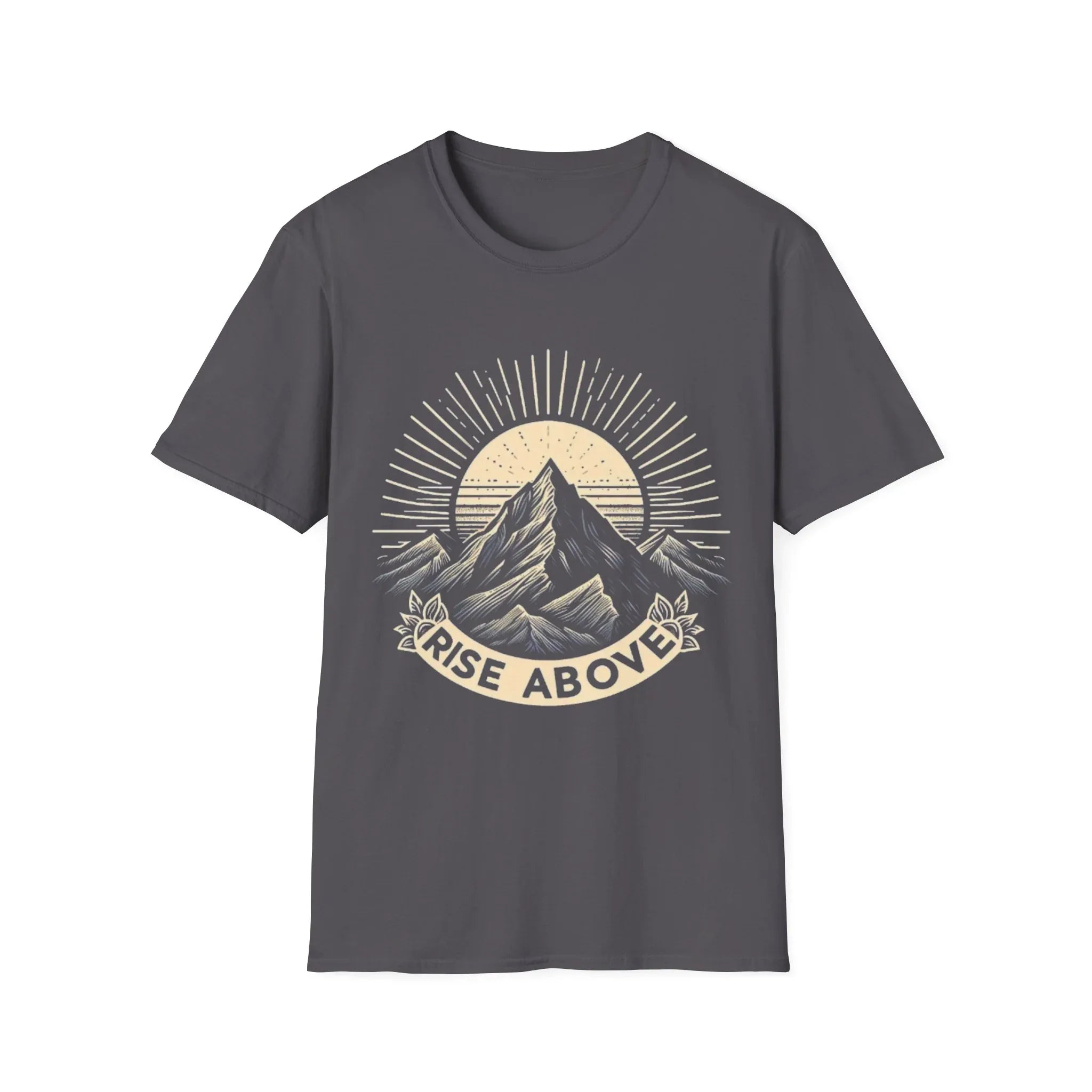 Dark gray short-sleeve T-shirt with mountain sunrise “RISE ABOVE” graphic