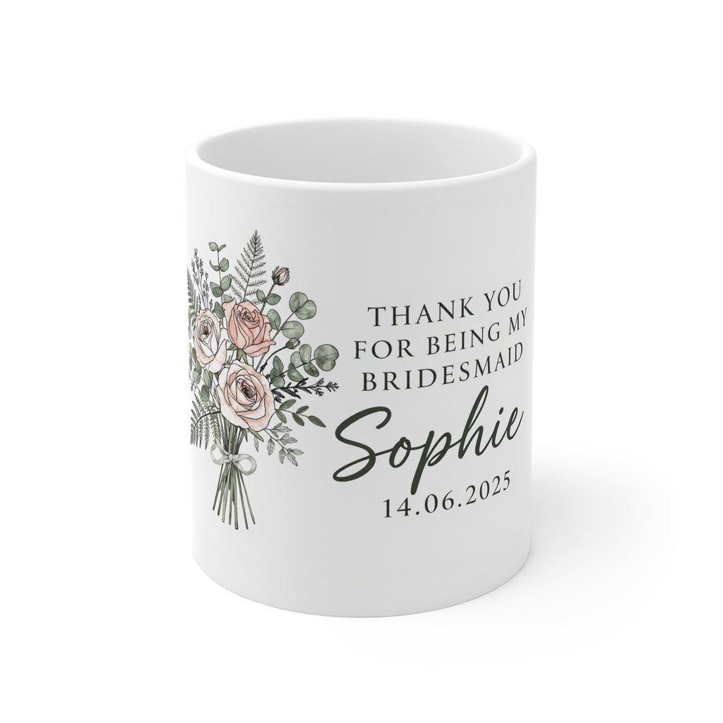 Personalised Bridesmaid Thank You Mug — Floral Name & Date Coffee Cup