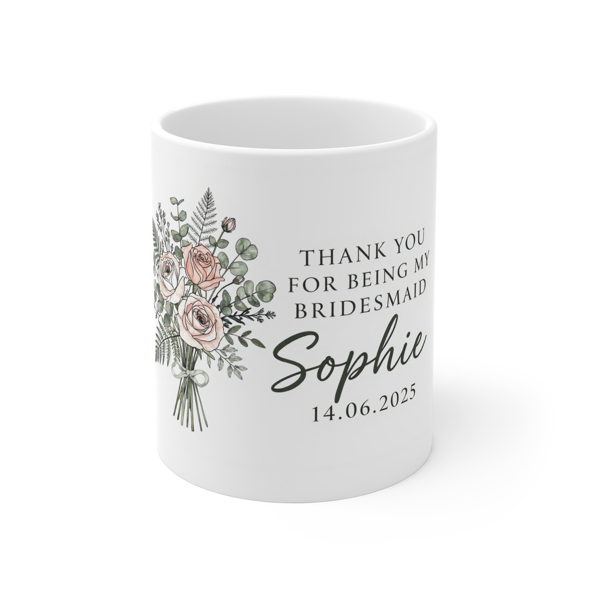 Personalised Bridesmaid Thank You Mug — Floral Name & Date Coffee Cup
