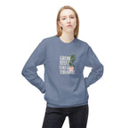 Light blue crewneck sweatshirt with chest slogan graphic