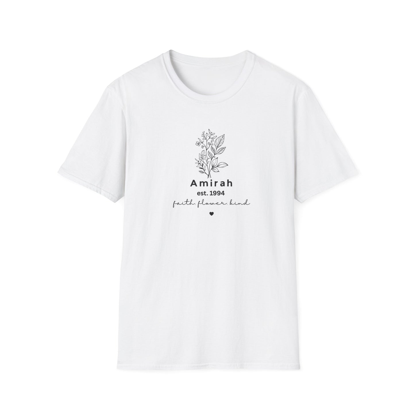 Personalized Floral Name T-Shirt — “Amirah est. 1994” Minimal Botanical Tee