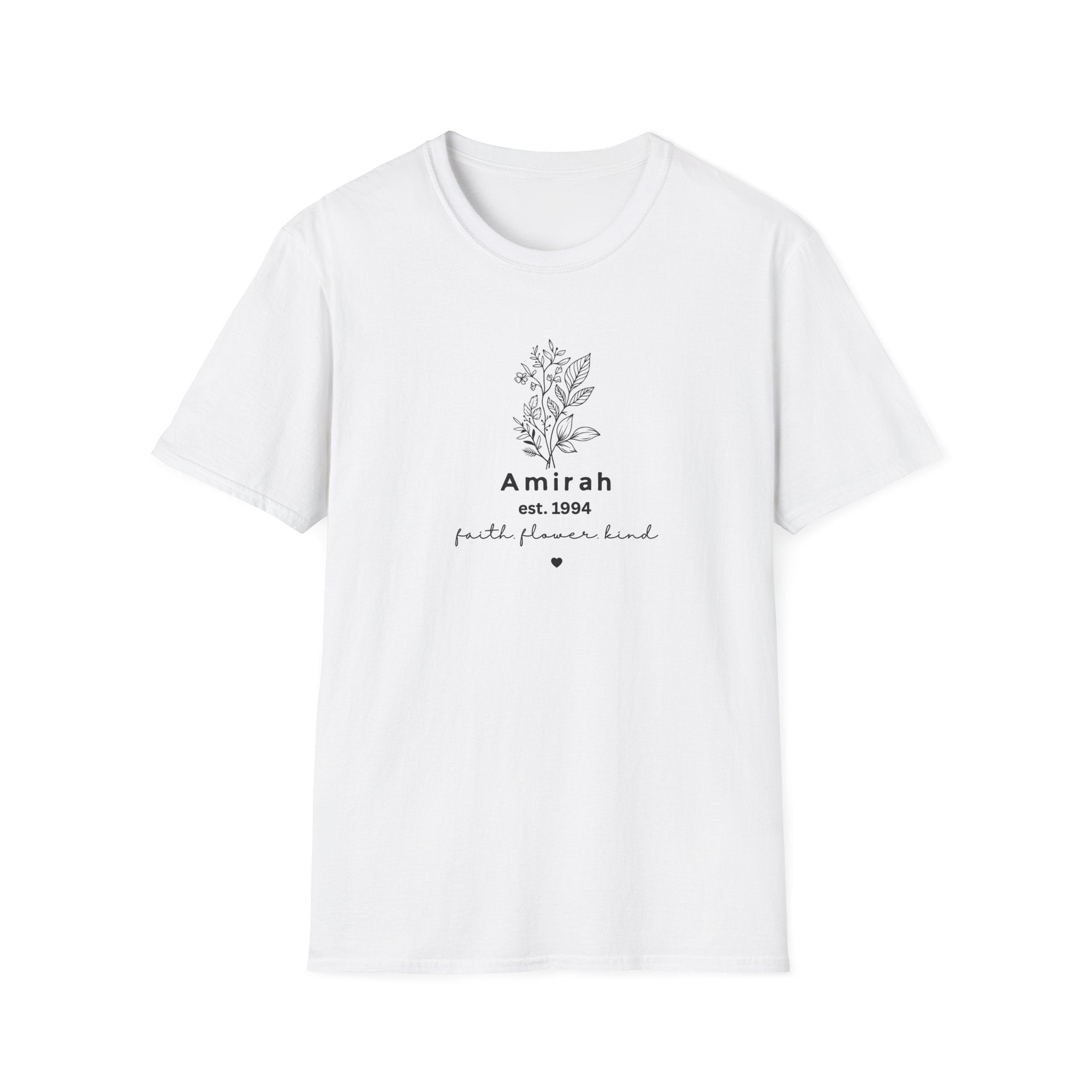 Personalized Floral Name T-Shirt — “Amirah est. 1994” Minimal Botanical Tee