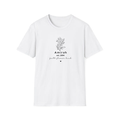 Personalized Floral Name T-Shirt — “Amirah est. 1994” Minimal Botanical Tee