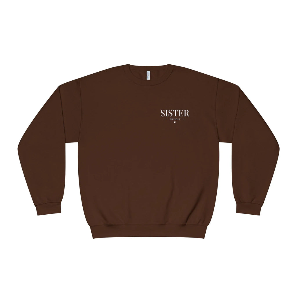 Personalised sweatshirt in brown with front text "SISTER" and small Est date