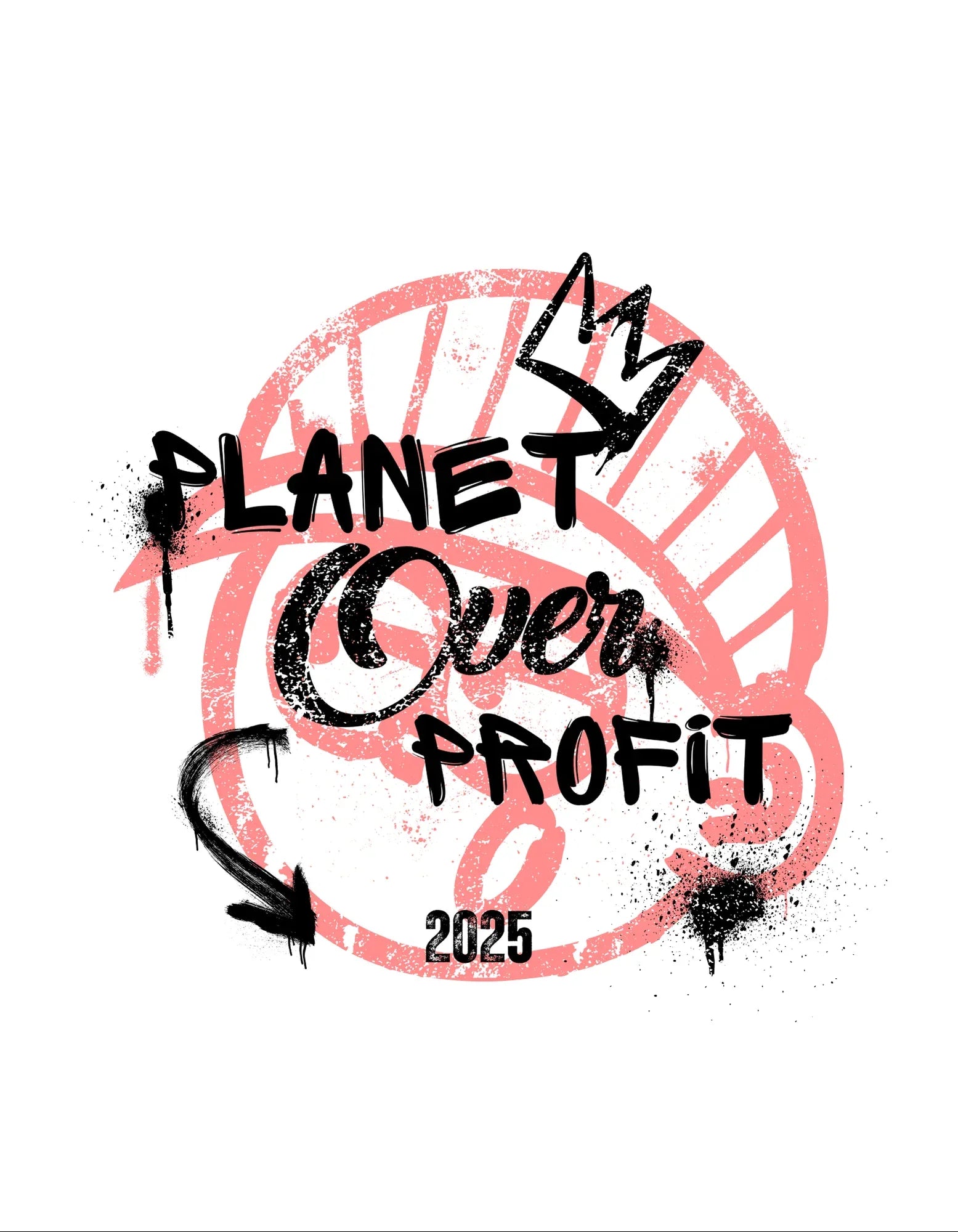 Sweatshirt front with pink Planet Over Profit logo graphic