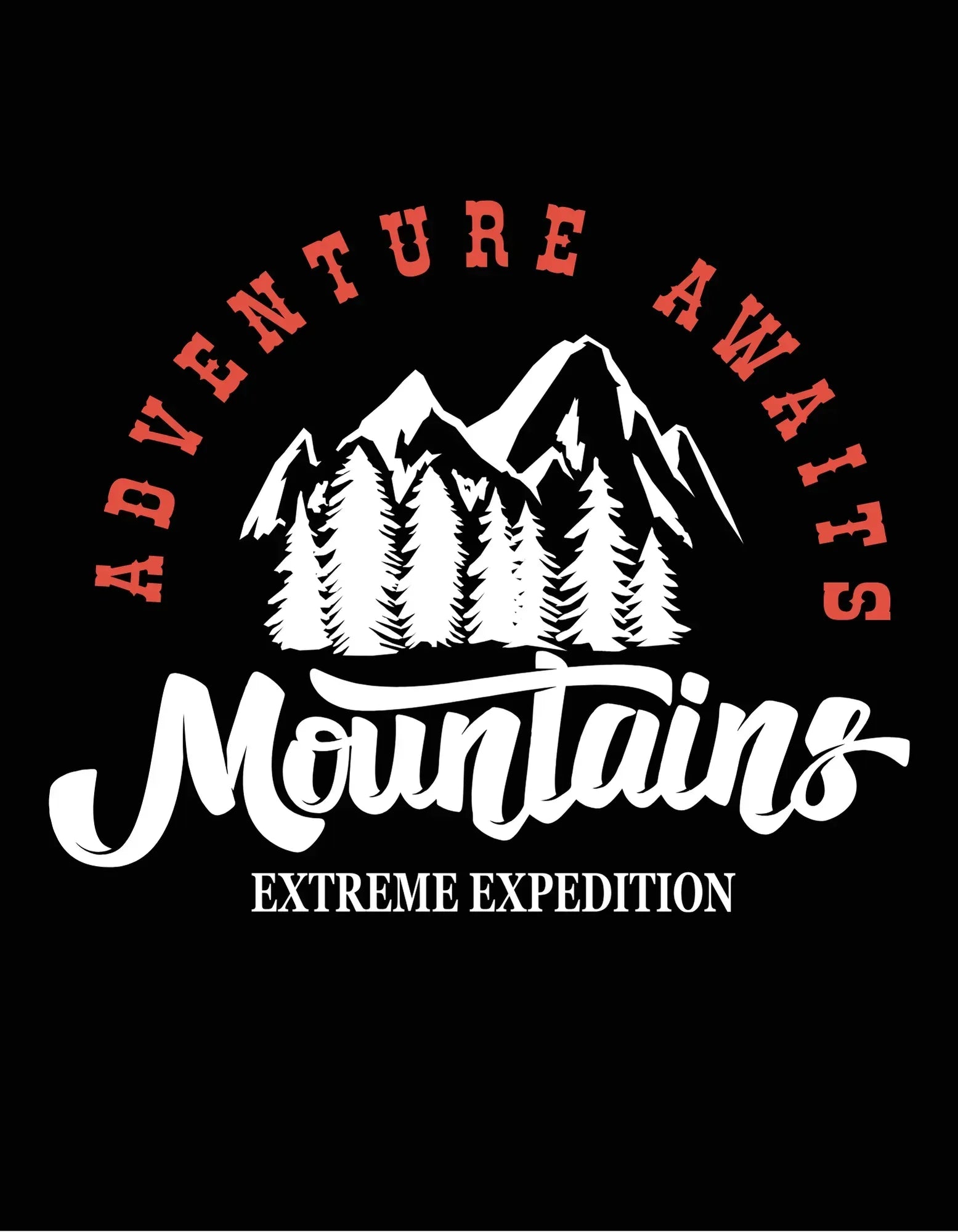 Black hoodie graphic: mountain trees logo with Adventure Awaits text