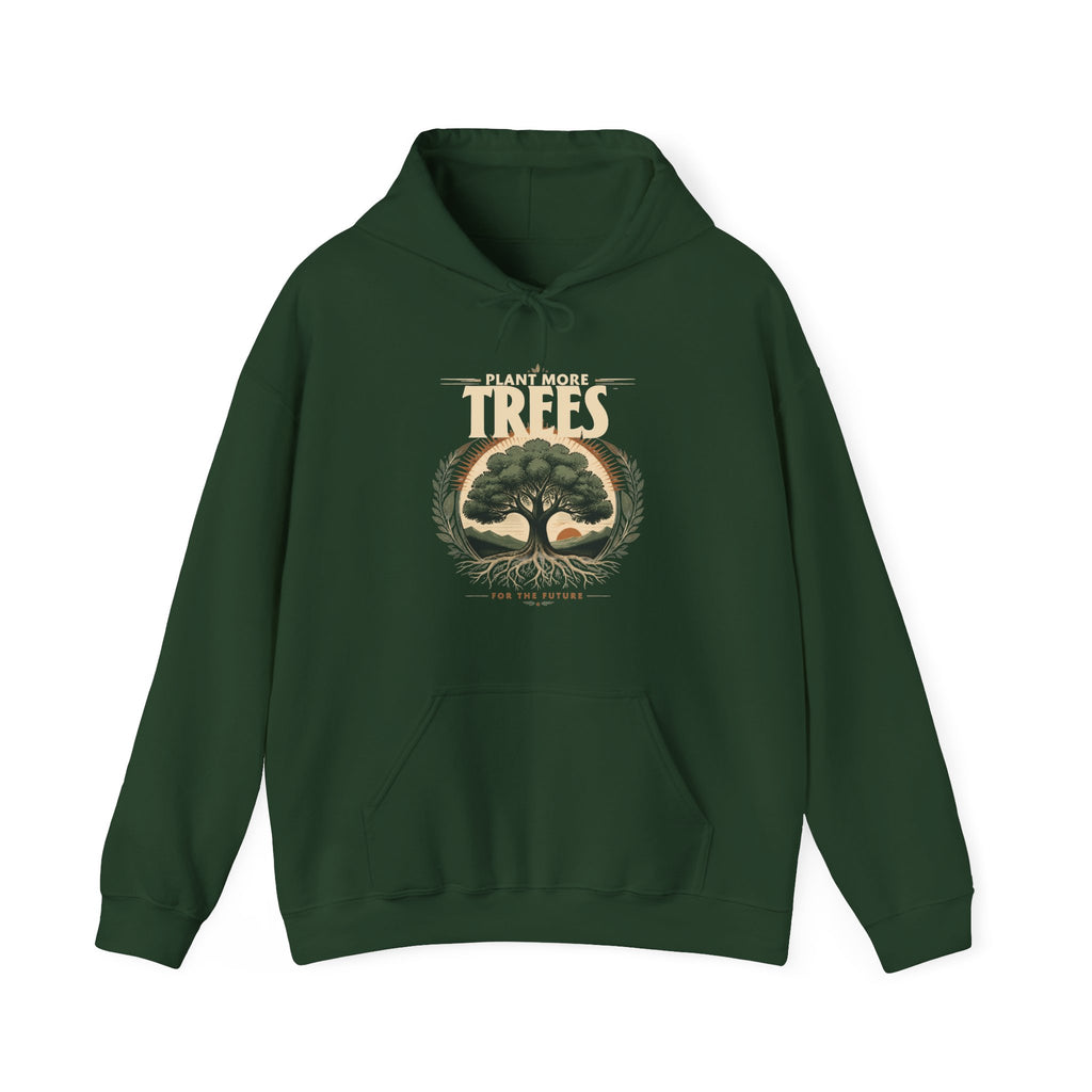 Forest green unisex pullover hoodie with “Plant More Trees” tree graphic and front pocket