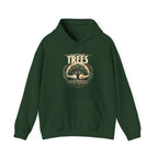 Forest green unisex pullover hoodie with “Plant More Trees” tree graphic and front pocket