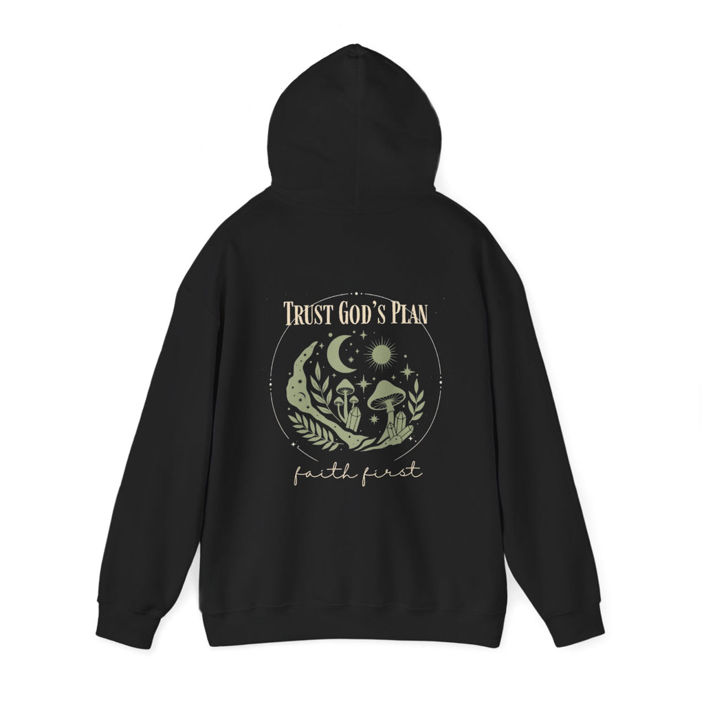 Black pullover hoodie on model, hood up, back moon and “Trust God’s Plan” graphic
