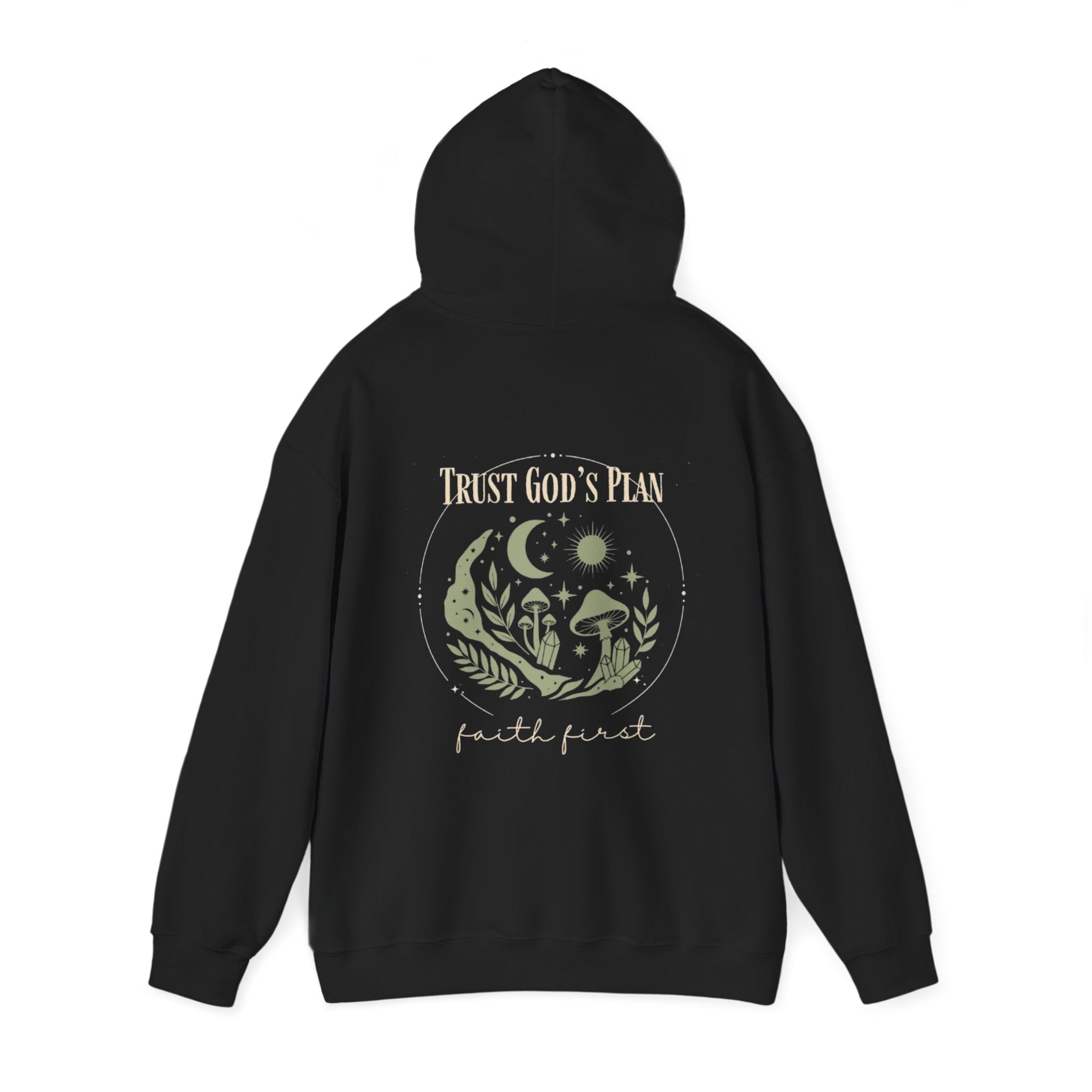 Black pullover hoodie on model, hood up, back moon and “Trust God’s Plan” graphic