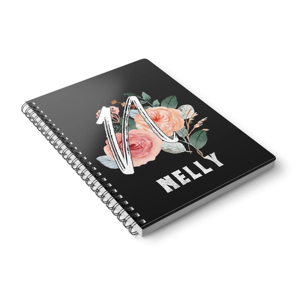 Black wirobound A5 journal with floral initial and name NELLY on the cover
