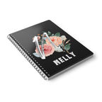 Black wirobound A5 journal with floral initial and name NELLY on the cover