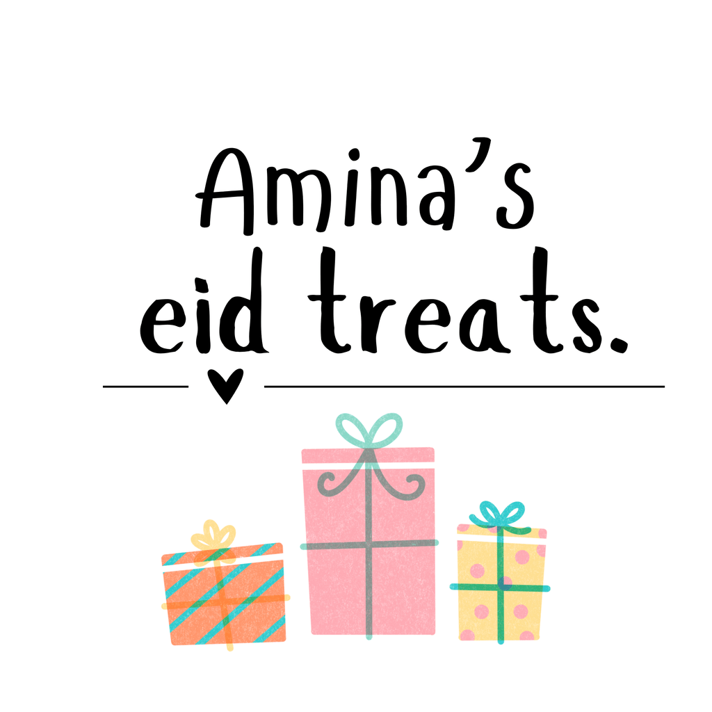Personalised tote bag design: “Amina’s eid treats” with gift icons on white