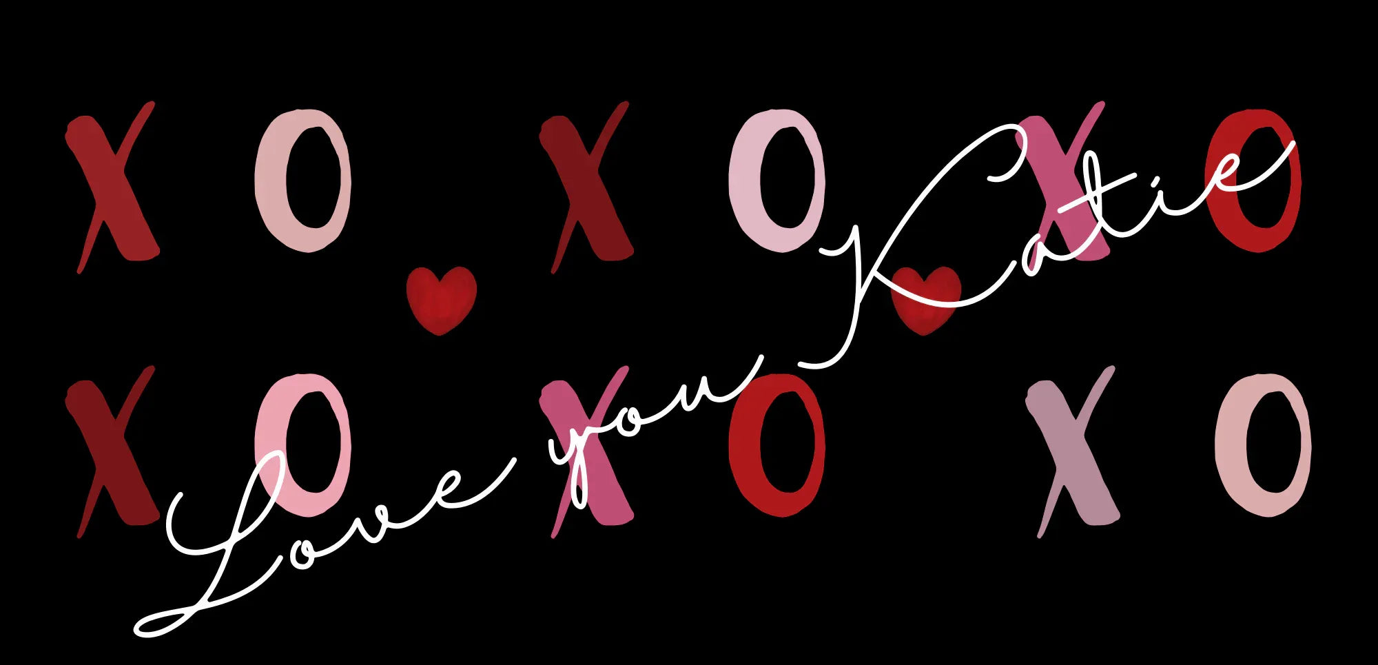 Close view of black mug design with XO hearts and name “Katie”