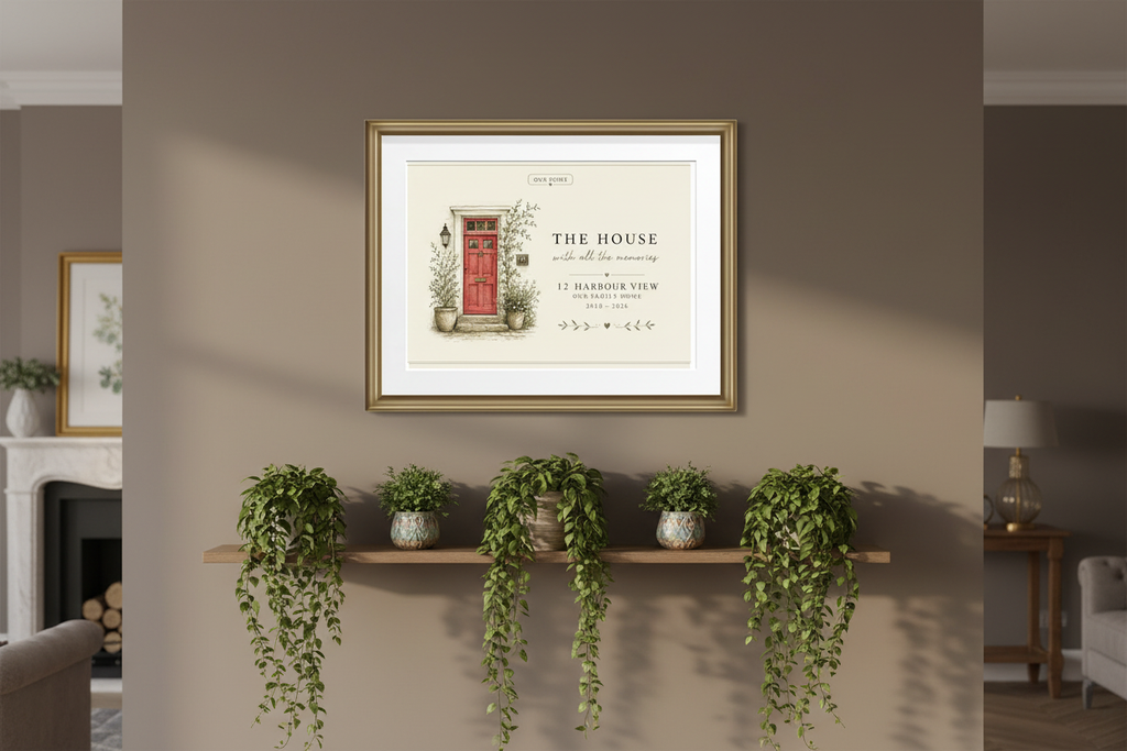 Gold-framed canvas print with small house illustration and quote text