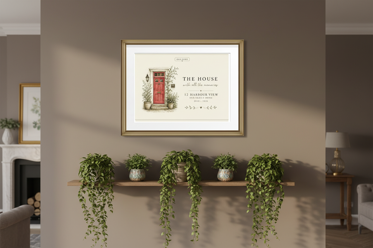Gold-framed canvas print with small house illustration and quote text
