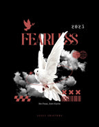 Black hoodie graphic close-up with white bird and red text