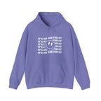 Lavender birthday hooded sweatshirt with front graphic text and smiley face
