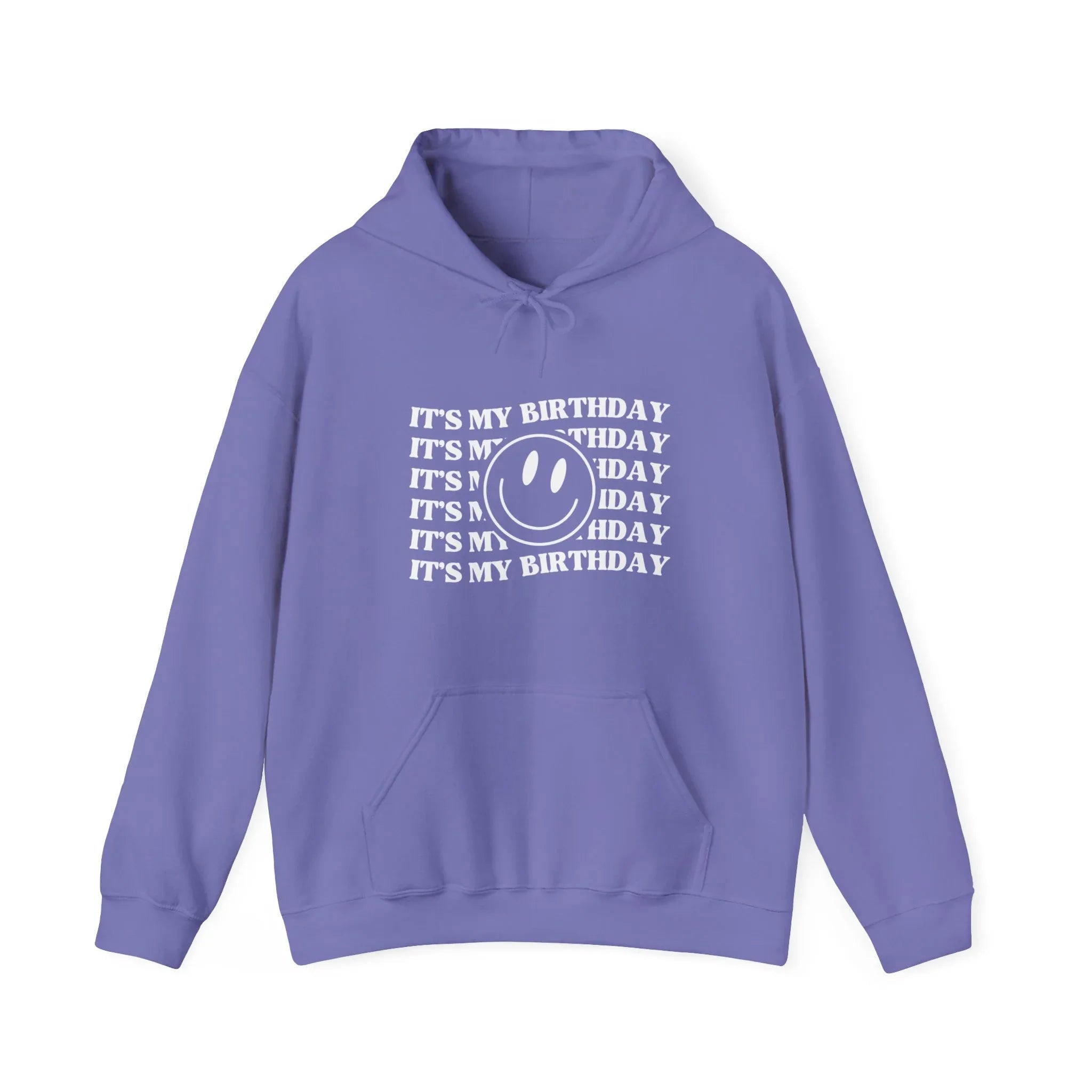 Lavender birthday hooded sweatshirt with front graphic text and smiley face