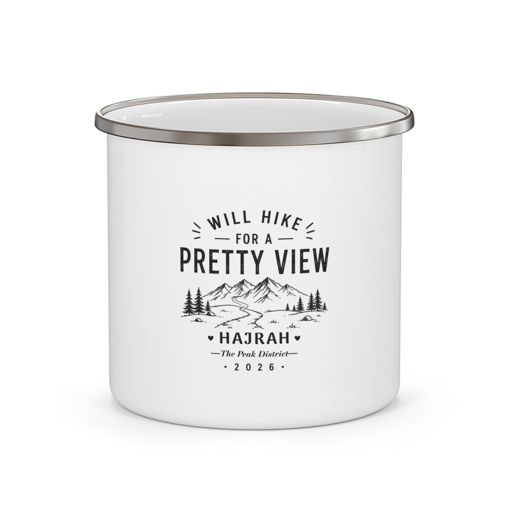 Enamel Camping Mug - "Will Hike for a Pretty View" Mountain Campfire Mug