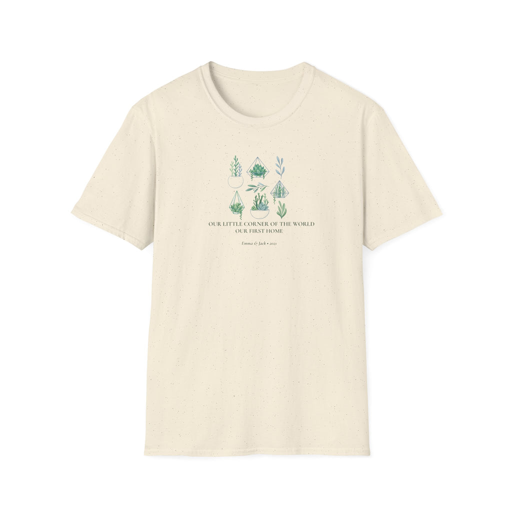 Natural beige botanical t-shirt with green plant graphic and white slogan text