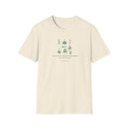 Natural beige botanical t-shirt with green plant graphic and white slogan text