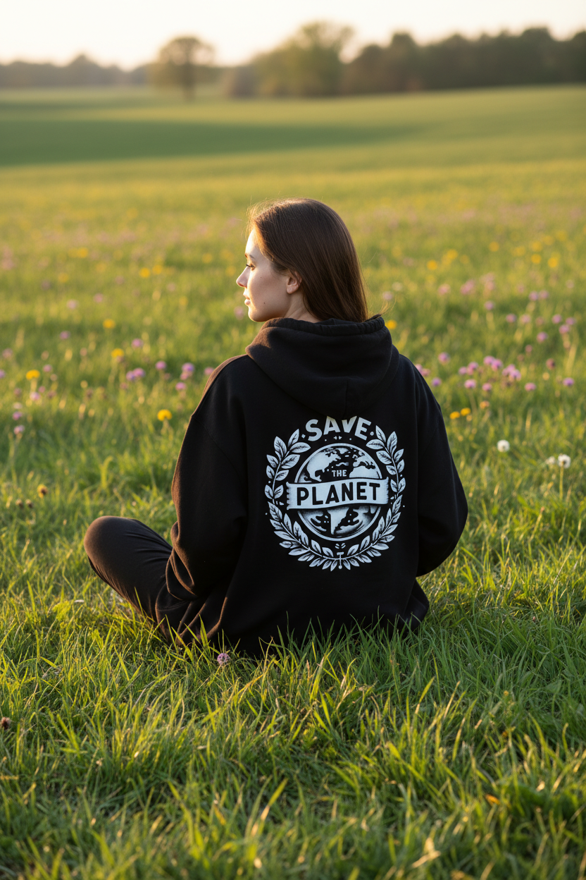 Black hooded sweatshirt with Save the Planet back emblem, pullover hood