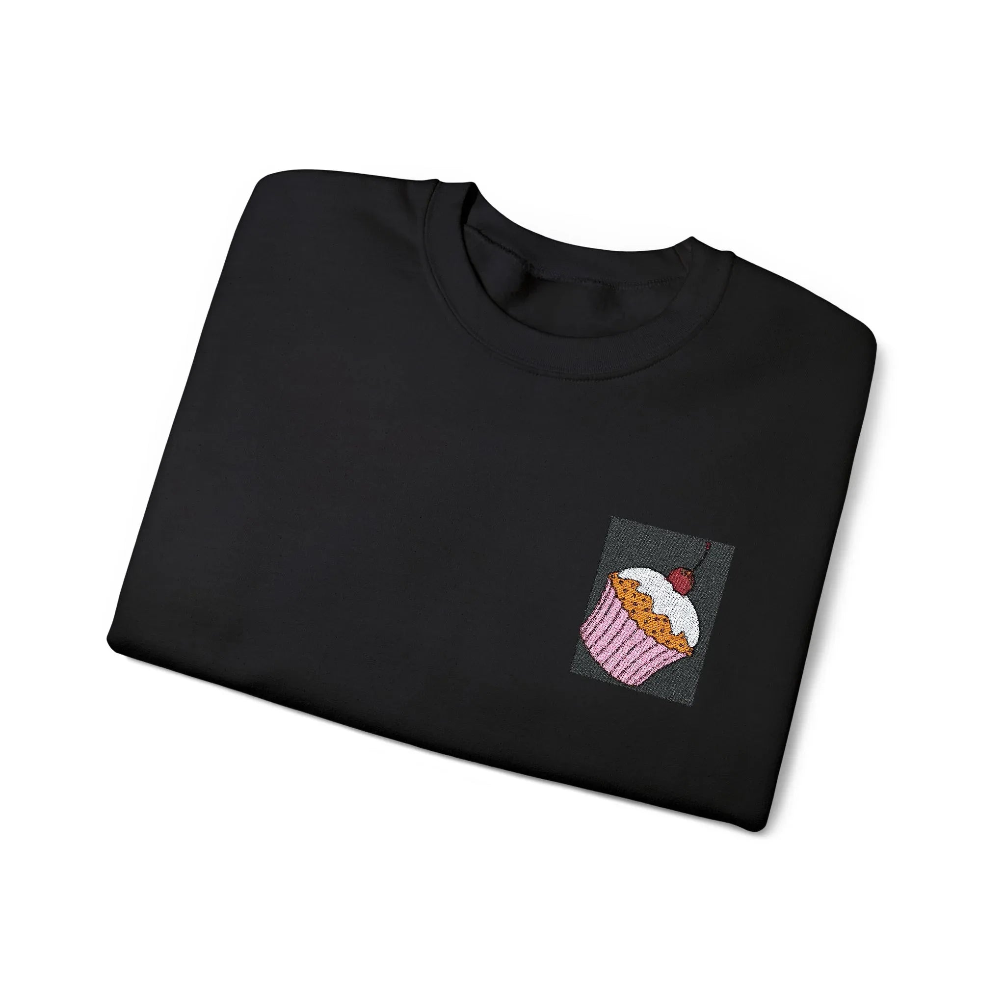 Black cupcake sweatshirt with embroidered cupcake square graphic on chest