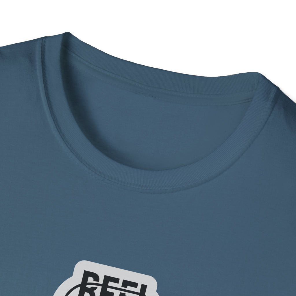 Navy crewneck T-shirt with close-up neckline and Reel Cool Dad print