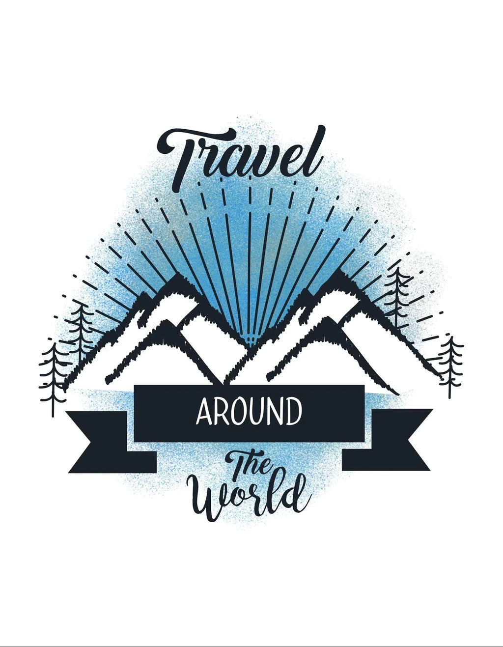 Travel-themed sweatshirt logo graphic with mountains, trees, and “AROUND” banner