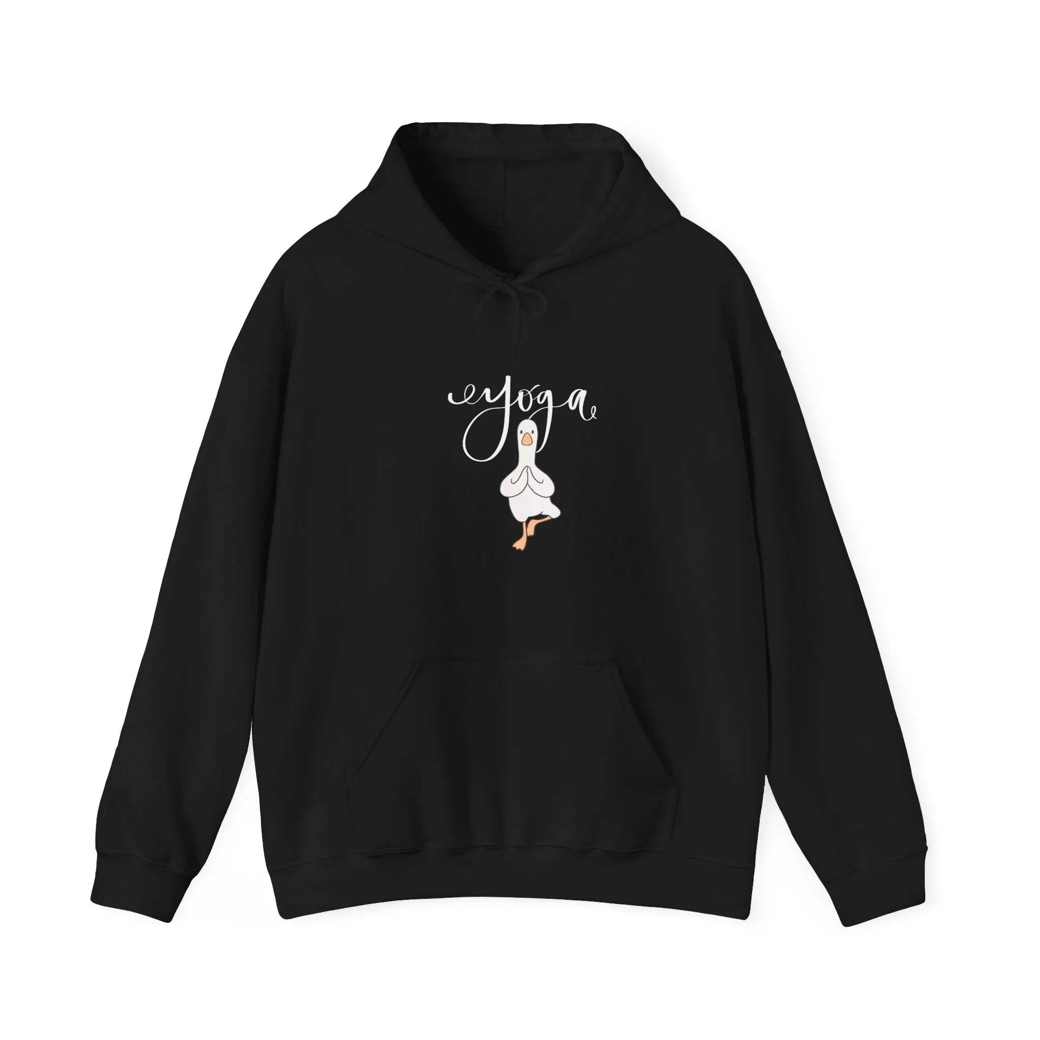 Black duck pose hoodie with hood, drawstrings, and center duck graphic
