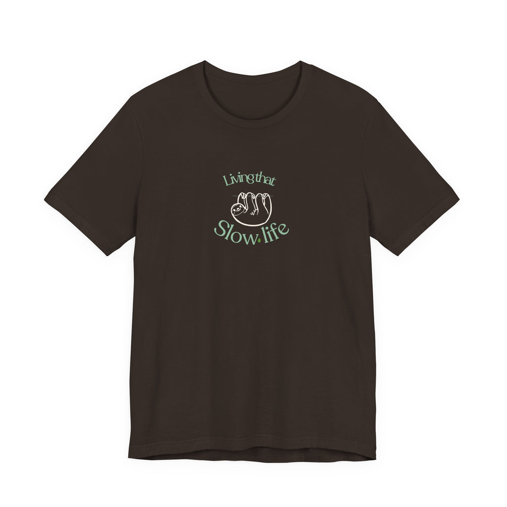 Brown T-shirt with Slow life hand graphic and Livingthat text