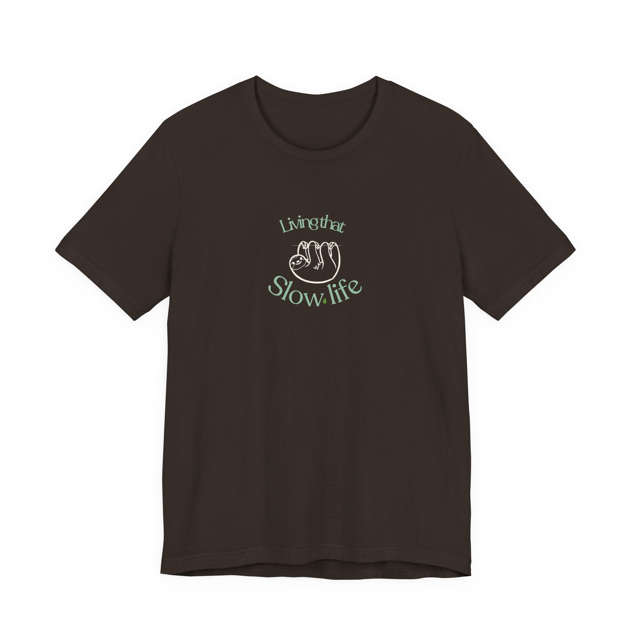 Brown T-shirt with Slow life hand graphic and Livingthat text