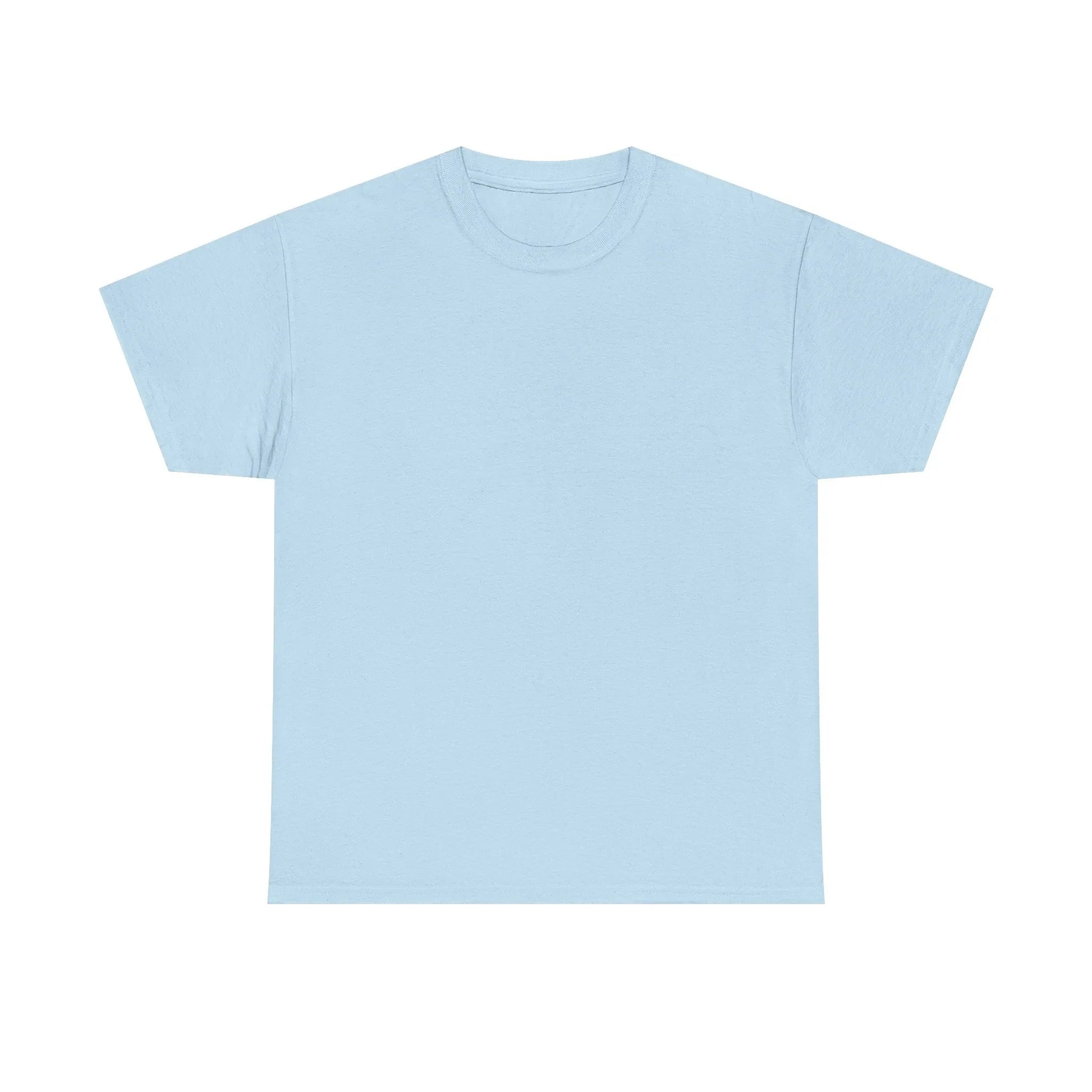 Light blue heavy cotton T-shirt with crew neck and short sleeves, unisex fit.
