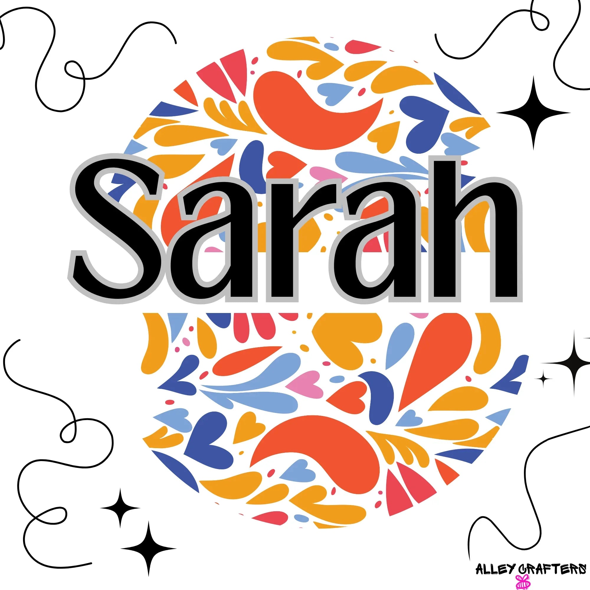 Personalized floral tote bag front print with “Sarah” and colorful heart flowers.