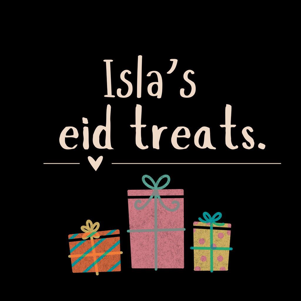 Personalised tote bag design: “Isla’s eid treats” with gift icons on dark background