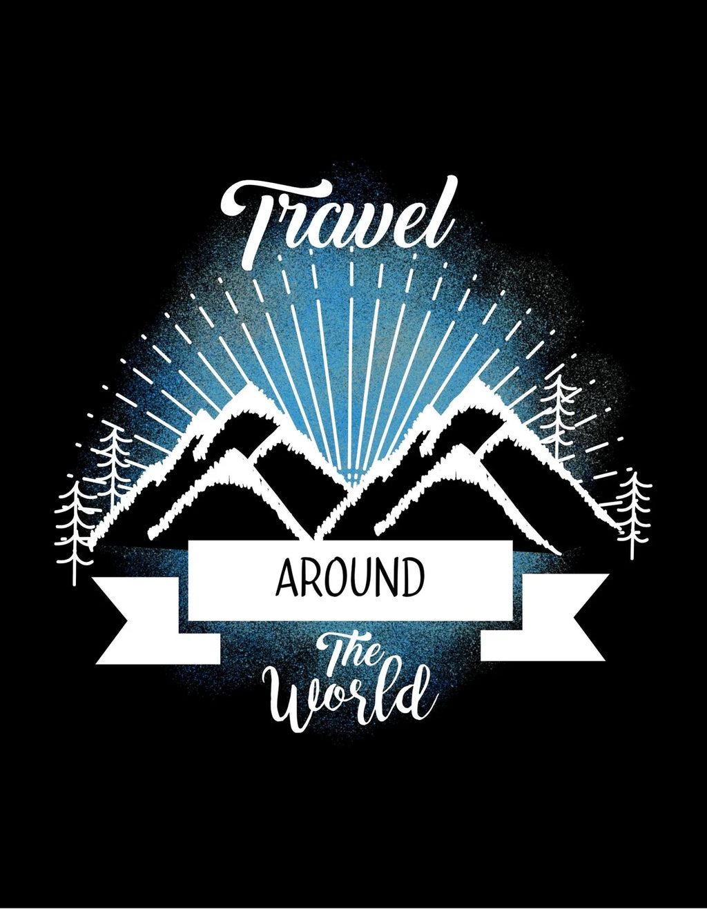 Travel-themed sweatshirt logo graphic with mountains, trees, and “AROUND” banner