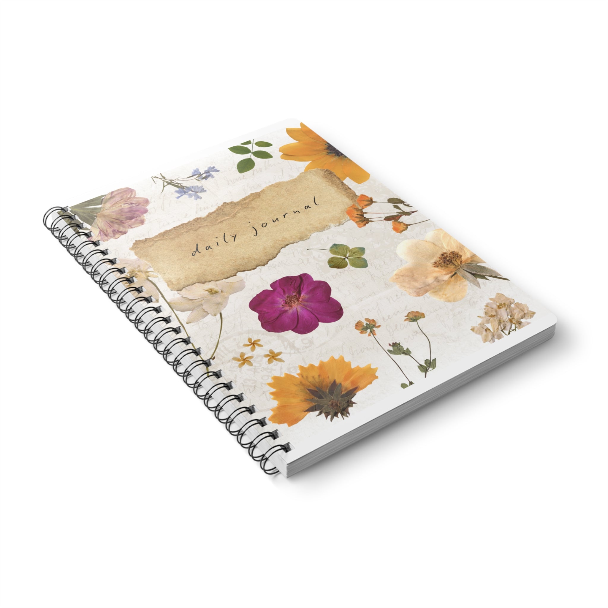 A5 floral wirebound daily journal notebook angled view, white cover with watercolor flowers