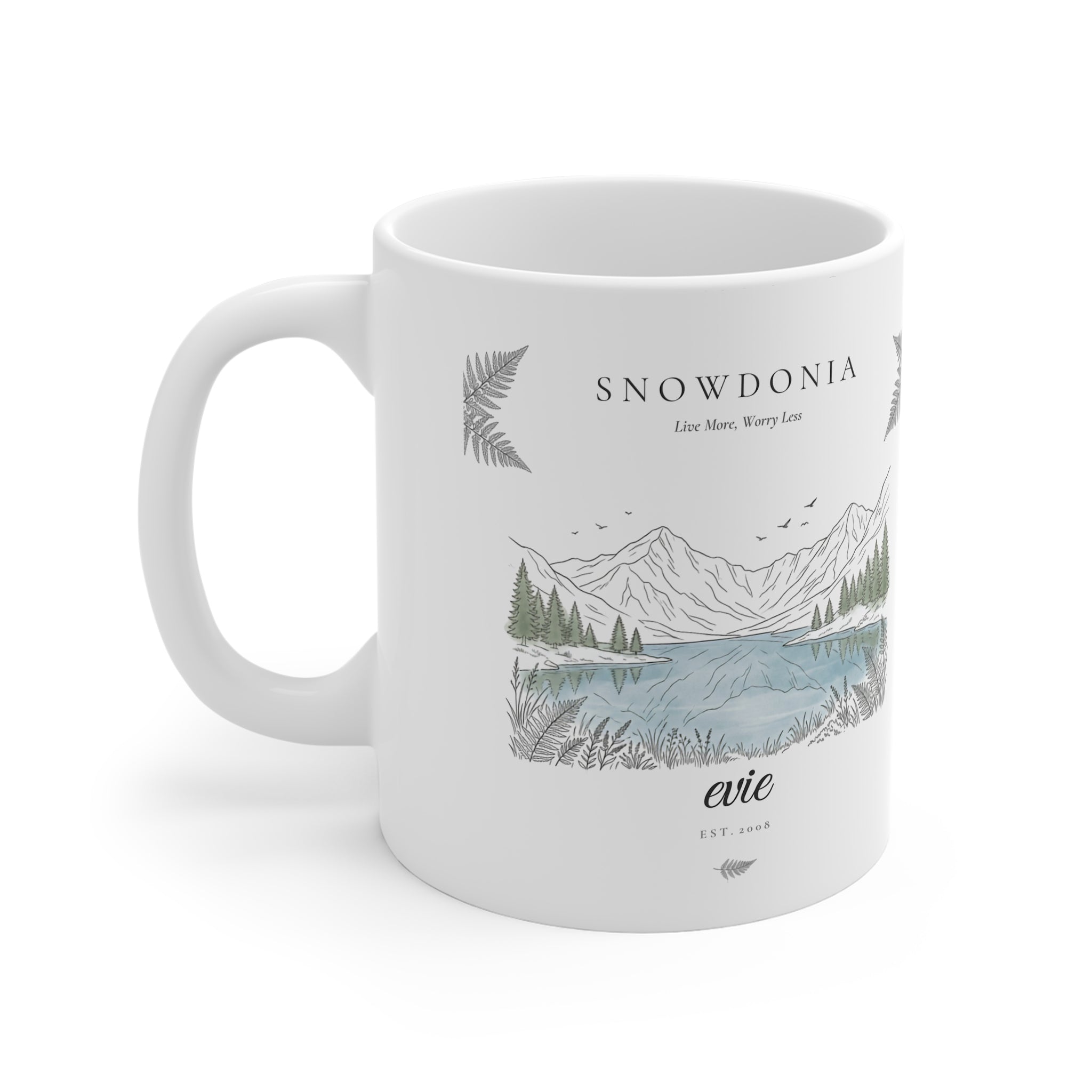 Personalised Snowdonia Scenic Mug — Lake & Mountain Illustration - AlleyCrafters