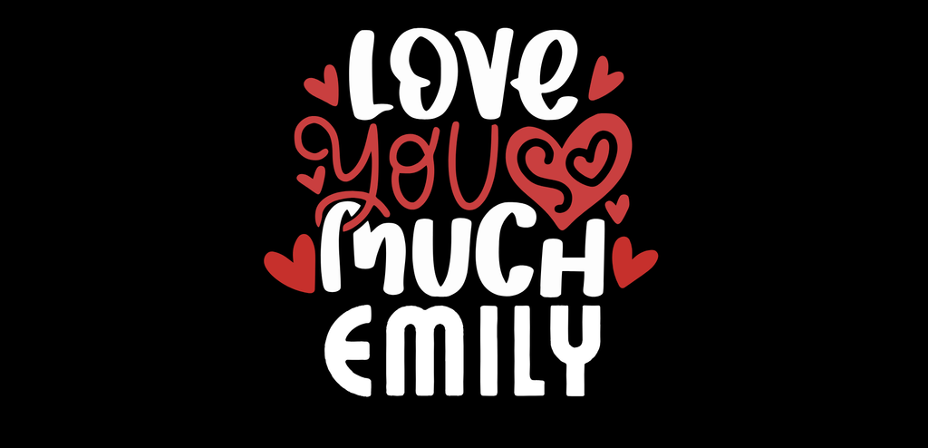Printed tote bag design with hearts and text, name EMILY