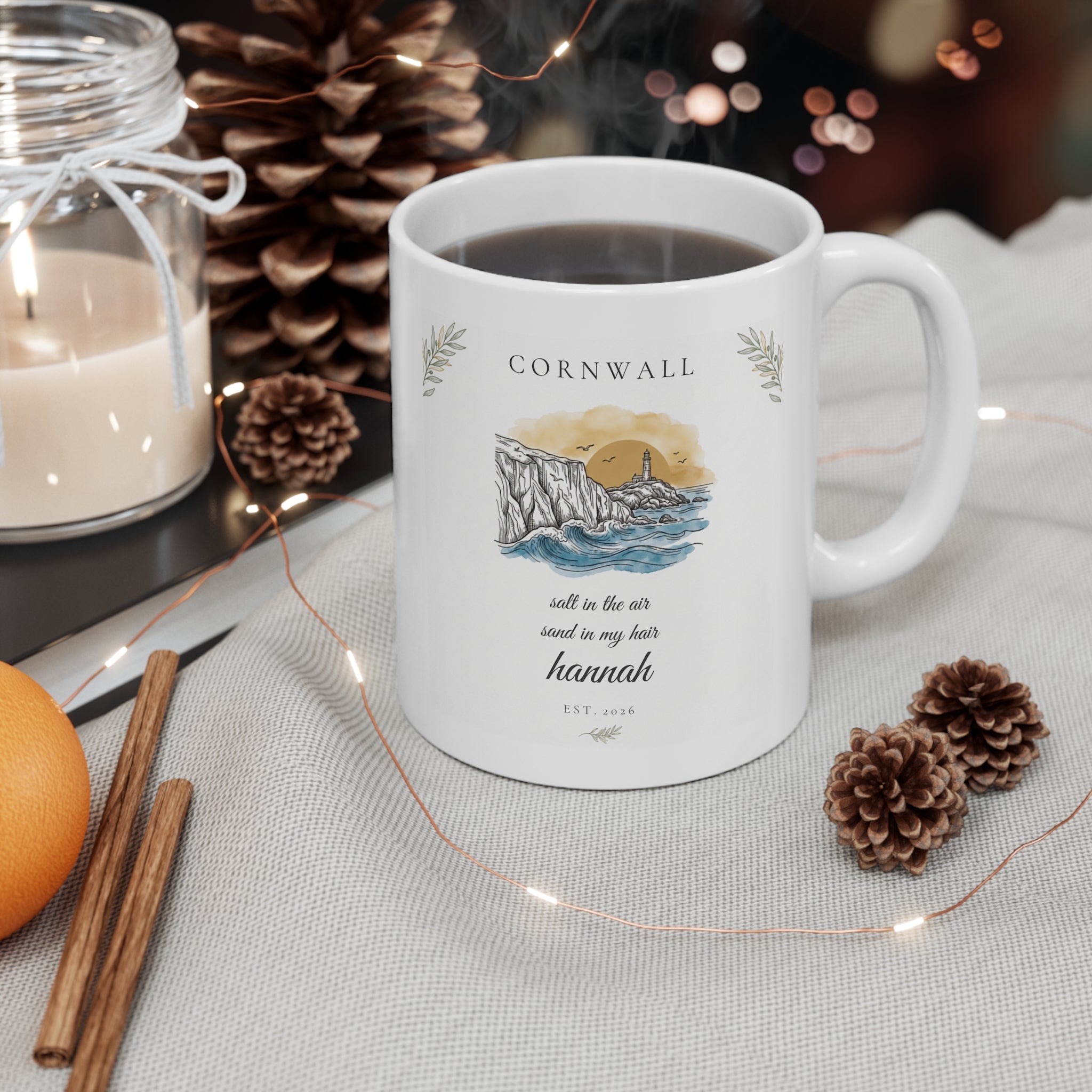 Personalised Cornwall Scenic Mug — Coastal Lighthouse Illustration - AlleyCrafters