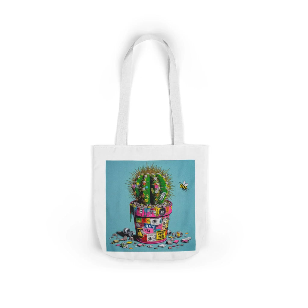 Tote bag with cactus artwork, white body, white handles